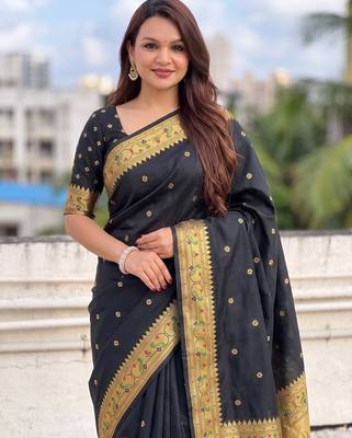 women's zari woven paithani silk blend traditional saree with blouse 3