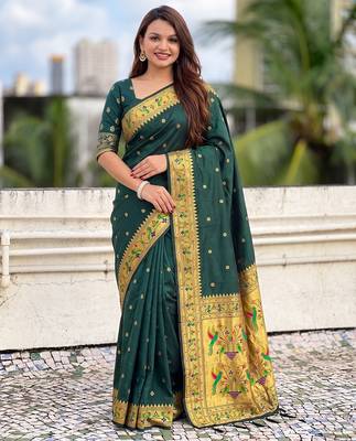 women's zari woven paithani silk blend traditional saree with blouse 1