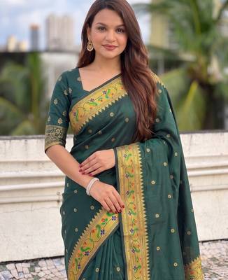 women's zari woven paithani silk blend traditional saree with blouse 2