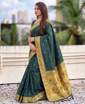 women's zari woven paithani silk blend traditional saree with blouse 3