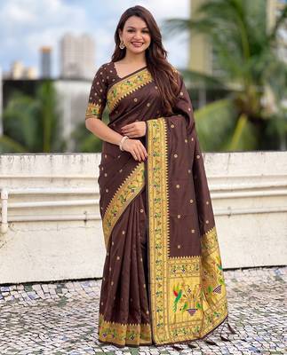 women's zari woven paithani silk blend traditional saree with blouse 1
