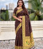 women's zari woven paithani silk blend traditional saree with blouse