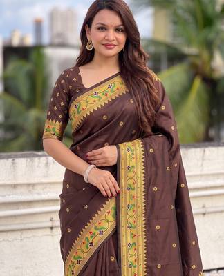 women's zari woven paithani silk blend traditional saree with blouse 2