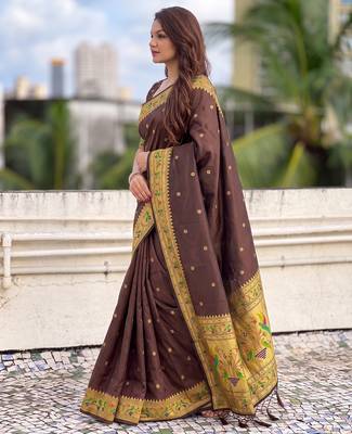 women's zari woven paithani silk blend traditional saree with blouse 3