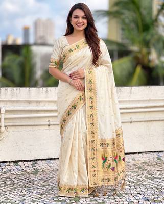 women's zari woven paithani silk blend traditional saree with blouse 1