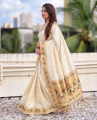 women's zari woven paithani silk blend traditional saree with blouse 3