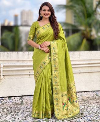 women's zari woven paithani silk blend traditional saree with blouse 1