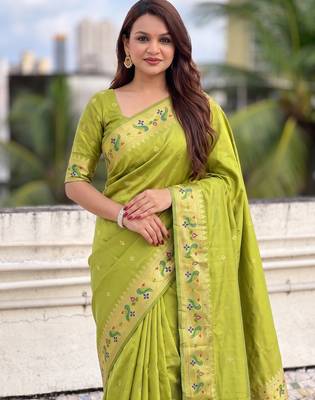 women's zari woven paithani silk blend traditional saree with blouse 2
