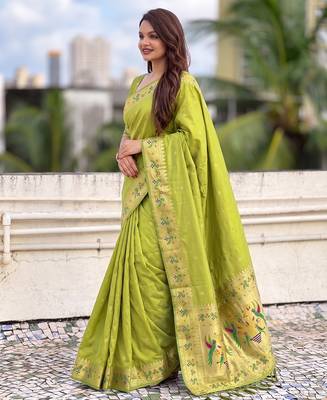 women's zari woven paithani silk blend traditional saree with blouse 3