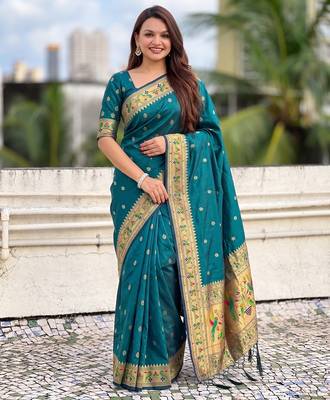 women's zari woven paithani silk blend traditional saree with blouse 1