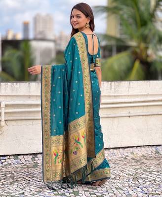 women's zari woven paithani silk blend traditional saree with blouse 2