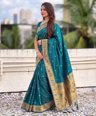 women's zari woven paithani silk blend traditional saree with blouse 3