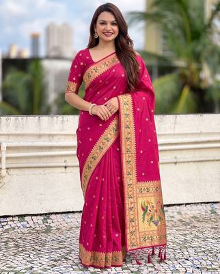 women's zari woven paithani silk blend traditional saree with blouse 1