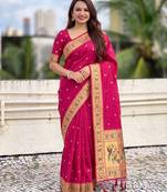 women's zari woven paithani silk blend traditional saree with blouse