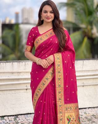 women's zari woven paithani silk blend traditional saree with blouse 2