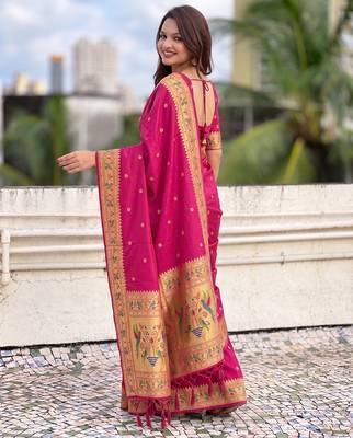 women's zari woven paithani silk blend traditional saree with blouse 3