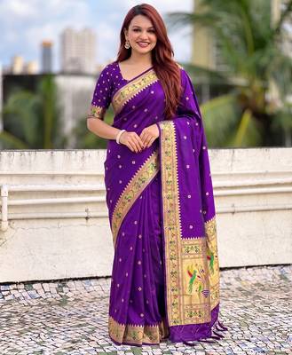 women's zari woven paithani silk blend traditional saree with blouse 1