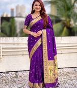 women's zari woven paithani silk blend traditional saree with blouse