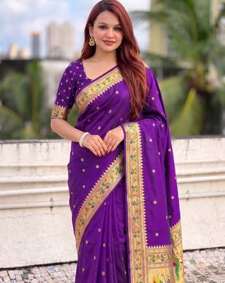 women's zari woven paithani silk blend traditional saree with blouse 2