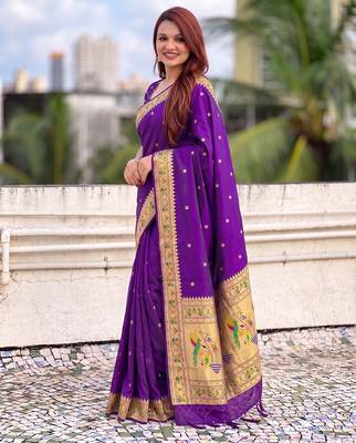 women's zari woven paithani silk blend traditional saree with blouse 3