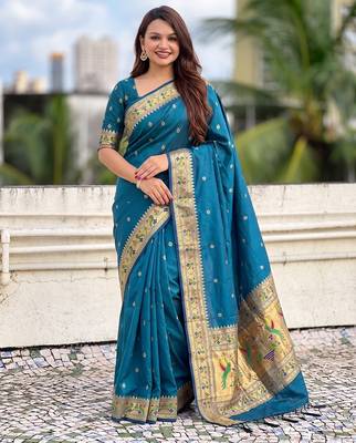 women's zari woven paithani silk blend traditional saree with blouse 1