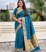 women's zari woven paithani silk blend traditional saree with blouse