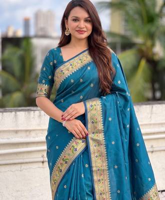 women's zari woven paithani silk blend traditional saree with blouse 2