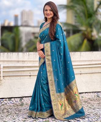 women's zari woven paithani silk blend traditional saree with blouse 3