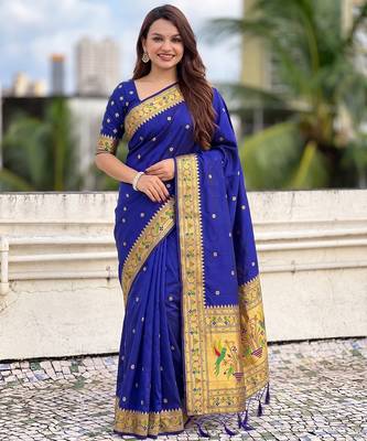 women's zari woven paithani silk blend traditional saree with blouse 1