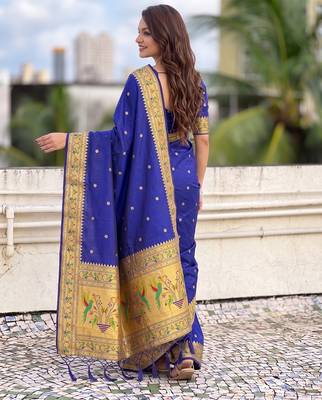 women's zari woven paithani silk blend traditional saree with blouse 2