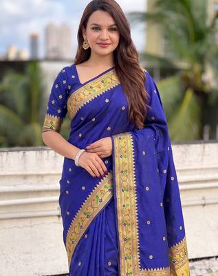 women's zari woven paithani silk blend traditional saree with blouse 3