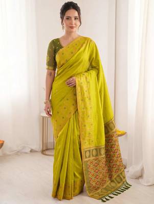 women's zari woven soft silk blend traditional saree with blouse 1