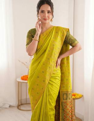 women's zari woven soft silk blend traditional saree with blouse 2