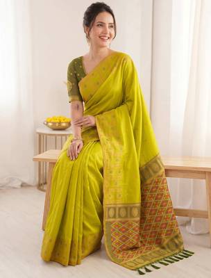 women's zari woven soft silk blend traditional saree with blouse 3