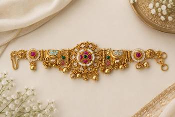 rajwadi gold-tone bracelet with multicolour stones and bell charms 1