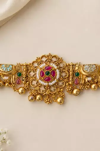 rajwadi gold-tone bracelet with multicolour stones and bell charms