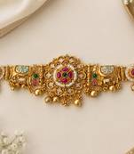 rajwadi gold-tone bracelet with multicolour stones and bell charms
