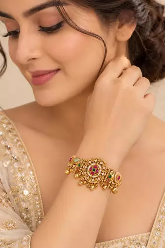 rajwadi gold-tone bracelet with multicolour stones and bell charms