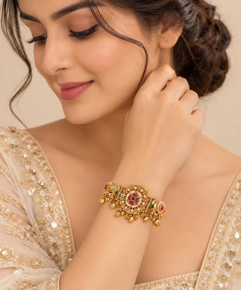 rajwadi gold-tone bracelet with multicolour stones and bell charms