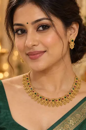 gold-tone traditional necklace set with pink and green stones