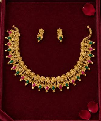 traditional gold-tone necklace with ruby and green stone drops 2