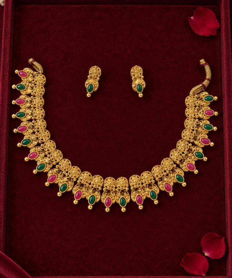 traditional gold-tone necklace with ruby and green stone drops