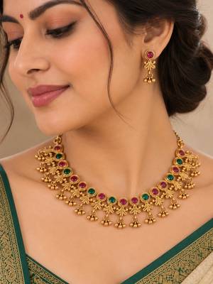 antique gold-tone necklace set with ruby and green stones 1