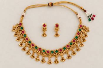 antique gold-tone necklace set with ruby and green stones 2