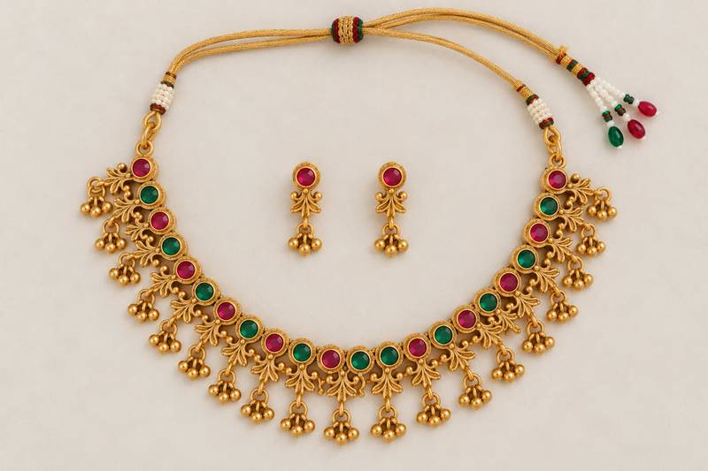 antique gold-tone necklace set with ruby and green stones