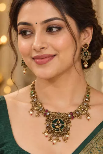 floral green stone antique gold heritage necklace set