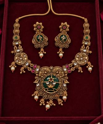 floral green stone antique gold heritage necklace set 2