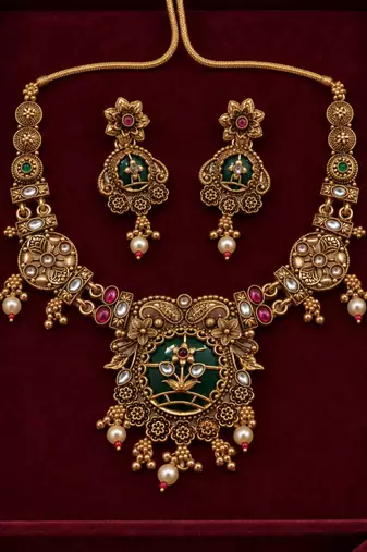 floral green stone antique gold heritage necklace set
