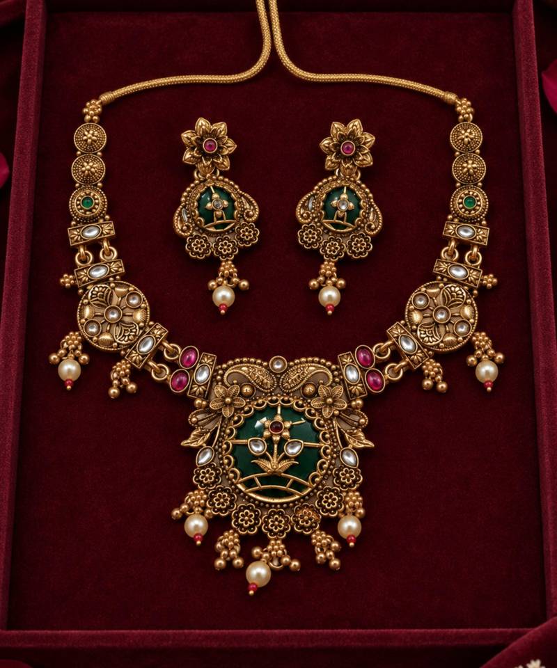 floral green stone antique gold heritage necklace set