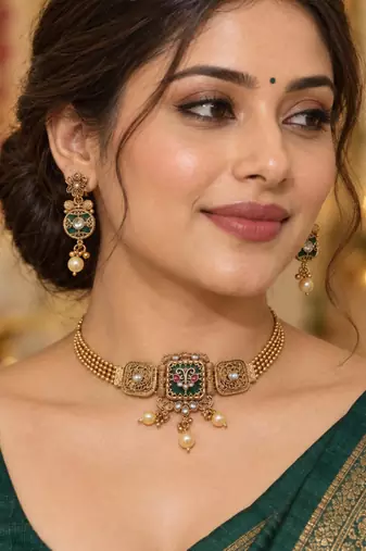 antique gold-tone necklace set with green enamel pendant
